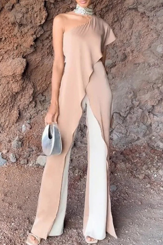 Formal Sloping Shoulder Single Sleeve Ruffle Trim Front Slit Vacation Longline Tops Jumpsuits
