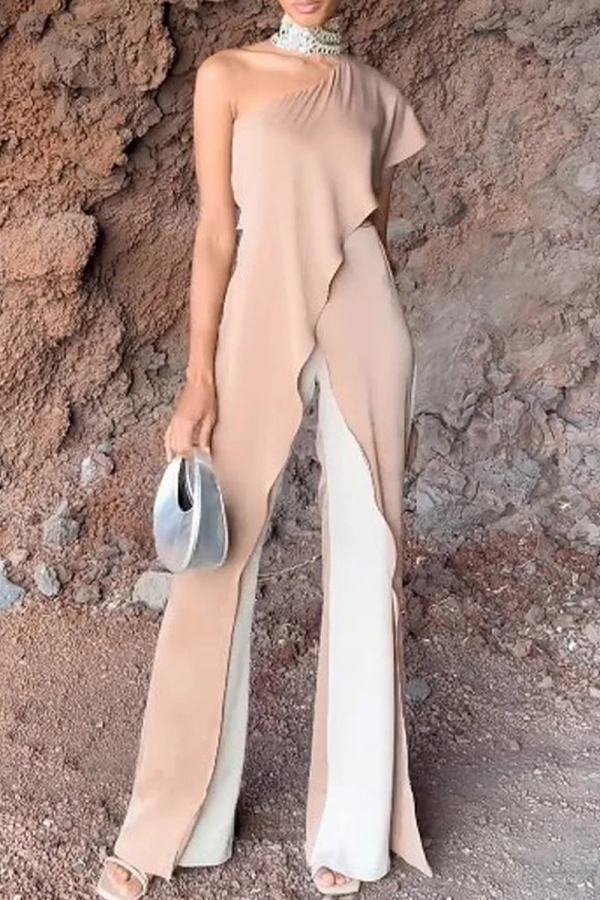Formal Sloping Shoulder Single Sleeve Ruffle Trim Front Slit Vacation Longline Tops Jumpsuits