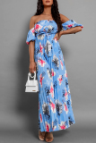 Floral Print Lace Up Off Shoulder Hubble-Bubble Sleeve Cinch Waits Vacation Pleated Maxi Sundress