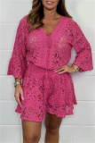 Lace Flower Print V Neck 3/4 Sleeve See-Through Crochet Blouse And Shorts Vacation Two Pieces Shorts Sets