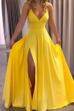 Sleeveless Backless Front Slit Spaghetti Strap Long Cinch Waist Formal Party Evening Vacation A Line Pleated Maxi Swing Slip Dresses