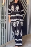 Boho Print Turndown Collar Long Sleeve Blouse And Wide Leg Pants Vacation Two Pieces Trouser Sets