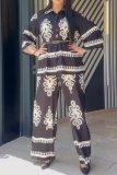 Boho Print Turndown Collar Long Sleeve Blouse And Wide Leg Pants Vacation Two Pieces Trouser Sets