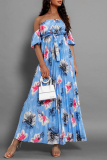 Floral Print Lace Up Off Shoulder Hubble-Bubble Sleeve Cinch Waits Vacation Pleated Maxi Sundress