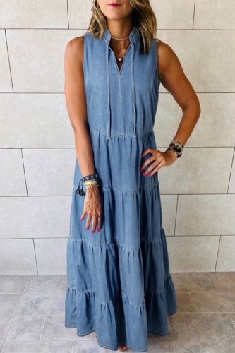 Sleeveless Deep V Neck Tiered Hem Loose Vacation Pleated Denim Maxi Dresses