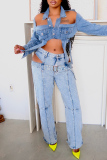 Casual Hollow Out With Belt High Waist Straight Leg Denim Jeans