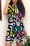 Casual Graffti Print O Neck Short Sleeve Oversize T Shirt And Shorts Two Pieces Shorts Set