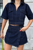 Casual V Neck Short Sleeve Pocket Denim Crop Tops And Mini Skirts Two Pieces Dress Sets