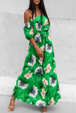 Floral Print Lace Up Off Shoulder Hubble-Bubble Sleeve Cinch Waits Vacation Pleated Maxi Sundress