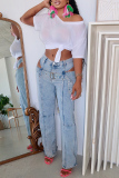 Casual Hollow Out With Belt High Waist Straight Leg Denim Jeans