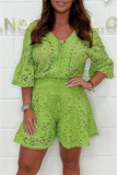 Lace Flower Print V Neck 3/4 Sleeve See-Through Crochet Blouse And Shorts Vacation Two Pieces Shorts Sets