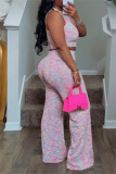 Knit Casual O Neck Sleeveless Halter Crop Top High Waist Wide Leg Pant Vacation Two Piece Matching Set