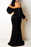 Formal Backless Slit Bubble Sleeve Off Shoulder Cinch Waist Front Slit Mermaid Hem Party Evening Bodycon Maxi Dress