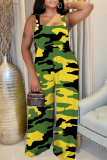 Casual Camouflage Print Square Neck Sleeveless Vacation Wide Leg Cami Jumpsuits Overall