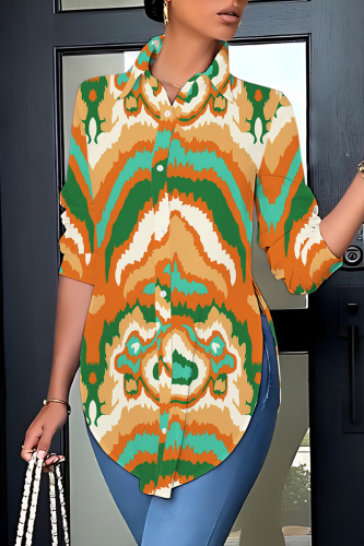 Casual Graphics Print Shirt Collar Long Sleeve Vacation Side Slit Blouse