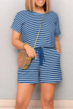 Casual Striped Patchwork Draw String Pocket O Neck Regular Rompers
