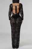 Lace Flower Print Fringed Trim Long Sleeve V Neck See-Through Belted Long Formal Party Evening Bodycon Maxi Dress