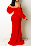Formal Backless Slit Bubble Sleeve Off Shoulder Cinch Waist Front Slit Mermaid Hem Party Evening Bodycon Maxi Dress