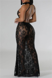 Formal Lace Flower Print Backless See-Through Mermaid Hem Long Party Evening Bodycon Halter Maxi Dress