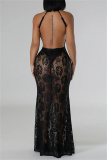 Formal Lace Flower Print Backless See-Through Mermaid Hem Long Party Evening Bodycon Halter Maxi Dress