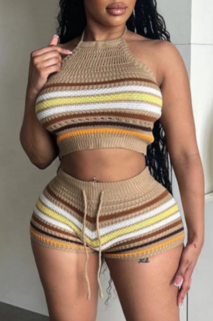 Casual Stripe Print Sleeveless Backless Belted Knitted Halter Crop Tops And Shorts Vacation Two Pieces Shorts Sets