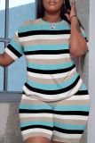 Casual Stripe Print O Neck Short Sleeve Oversize T-Shirt And Shorts Two Pieces Shorts Sets