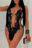 Club Sequin Sleeveless O Neck Fringed Trim See-Through Wrapped Skirt Formal Party Evening Mesh Bodycon Mini Dresses