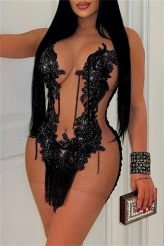 Club Sequin Sleeveless O Neck Fringed Trim See-Through Wrapped Skirt Formal Party Evening Mesh Bodycon Mini Dresses