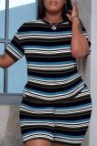 Casual Stripe Print O Neck Short Sleeve Oversize T-Shirt And Shorts Two Pieces Shorts Sets