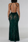 Formal Lace Flower Print Backless See-Through Mermaid Hem Long Party Evening Bodycon Halter Maxi Dress
