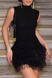 Formal Sleeveless Mandarin Collar Mesh Lace Tiered Hem Party Evening A Line Bodycon Mini Dresses