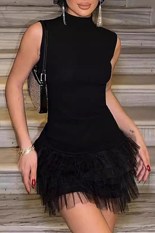Formal Sleeveless Mandarin Collar Mesh Lace Tiered Hem Party Evening A Line Bodycon Mini Dresses