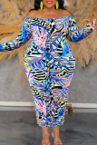Leaf Print Backless Off Shoulder Long Sleeve Buckle Long Vacation Plus Size Bodycon Maxi Dress
