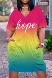 Casual Ombre Print Basic V Neck Short Sleeve Loose Pockets Midi T-Shirt Dress