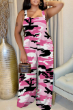 Casual Camouflage Print Square Neck Sleeveless Vacation Wide Leg Cami Jumpsuits Overall