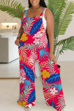 Casual Floral Print Backless Sleeveless Square Neck Vacation Wide Leg Jumpsuits Overall