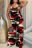 Casual Camouflage Print Square Neck Sleeveless Vacation Wide Leg Cami Jumpsuits Overall