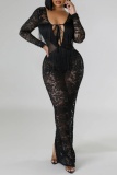 Lace Flower Print Fringed Trim Long Sleeve V Neck See-Through Belted Long Formal Party Evening Bodycon Maxi Dress