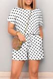 Casual Print Polka Dot Draw String Contrast O Neck Loose Rompers