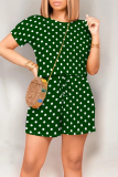 Casual Print Polka Dot Draw String Contrast O Neck Loose Rompers