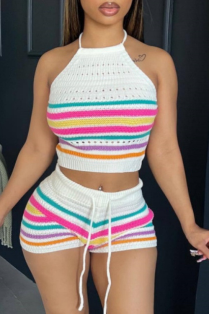 Casual Stripe Print Sleeveless Backless Belted Knitted Halter Crop Tops And Shorts Vacation Two Pieces Shorts Sets