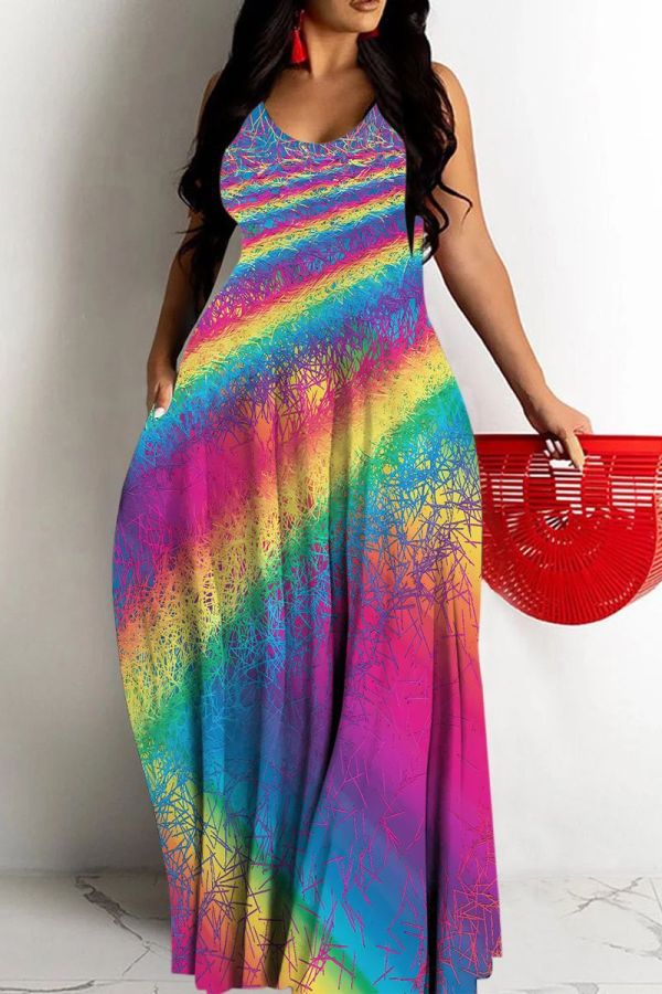 Sleeveless Graphics Print Backless Spaghetti Strap Floor Length Vacation Baggy Sundress Slip Maxi Dress