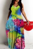 Sleeveless Graphics Print Backless Spaghetti Strap Floor Length Vacation Baggy Sundress Slip Maxi Dress