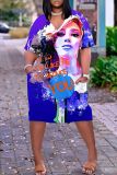 Casual Graphics Print Basic V Neck Short Sleeve Loose Pockets Midi T-Shirt Dress