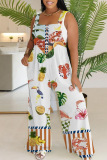 Casual Floral Print Backless Sleeveless Square Neck Vacation Wide Leg Jumpsuits Overall