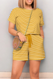 Casual Striped Patchwork Draw String Pocket O Neck Regular Rompers
