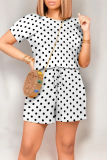 Casual Print Polka Dot Draw String Contrast O Neck Loose Rompers
