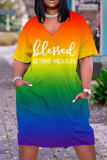 Casual Ombre Print Basic V Neck Short Sleeve Loose Pockets Midi T-Shirt Dress