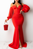 Formal Backless Slit Bubble Sleeve Off Shoulder Cinch Waist Front Slit Mermaid Hem Party Evening Bodycon Maxi Dress
