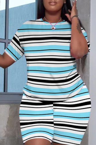 Casual Stripe Print O Neck Short Sleeve Oversize T-Shirt And Shorts Two Pieces Shorts Sets